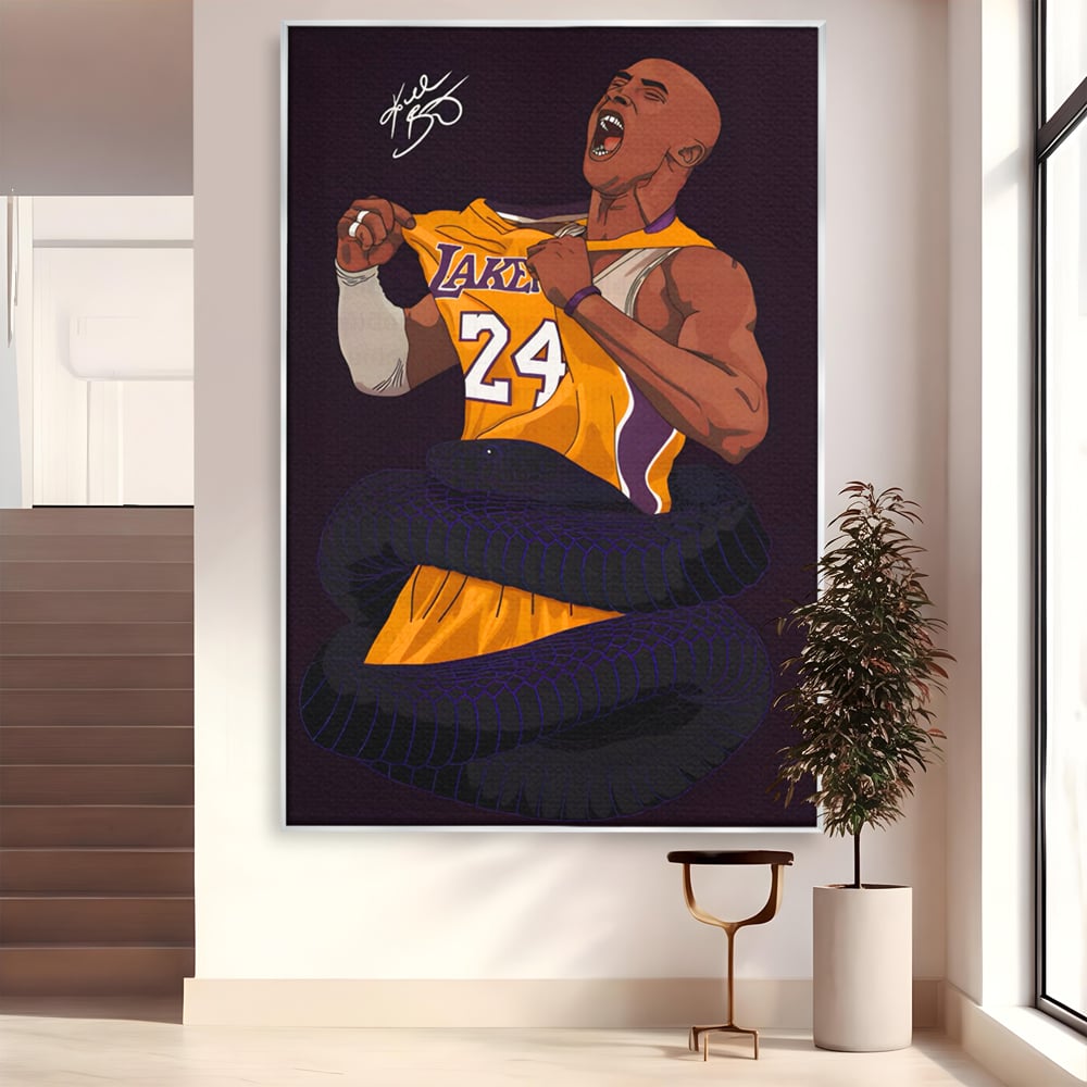 Tablou canvas cu ilustratie digitala portret kobe bryant, in rama de aluminiu argintiu
